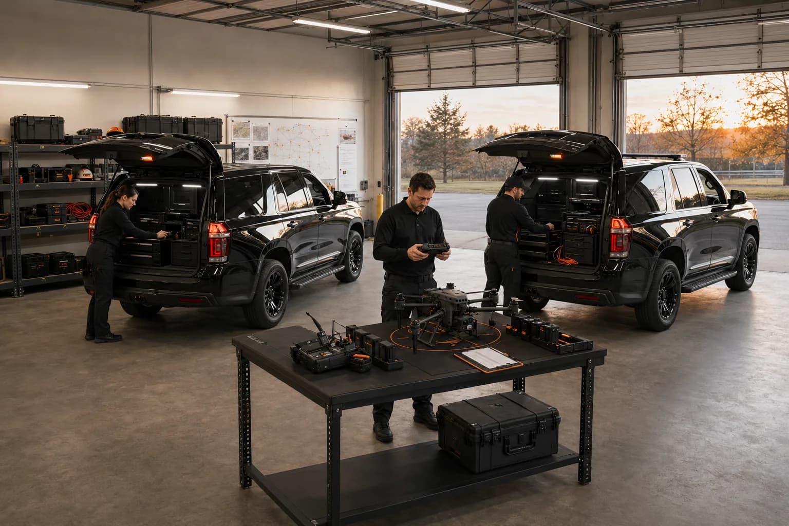 A workshop scene with drone equipment and support vehicles.